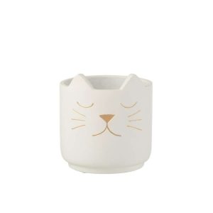 FLOWER POT CAT CEMENT WHITE GOLD MEDIUM
