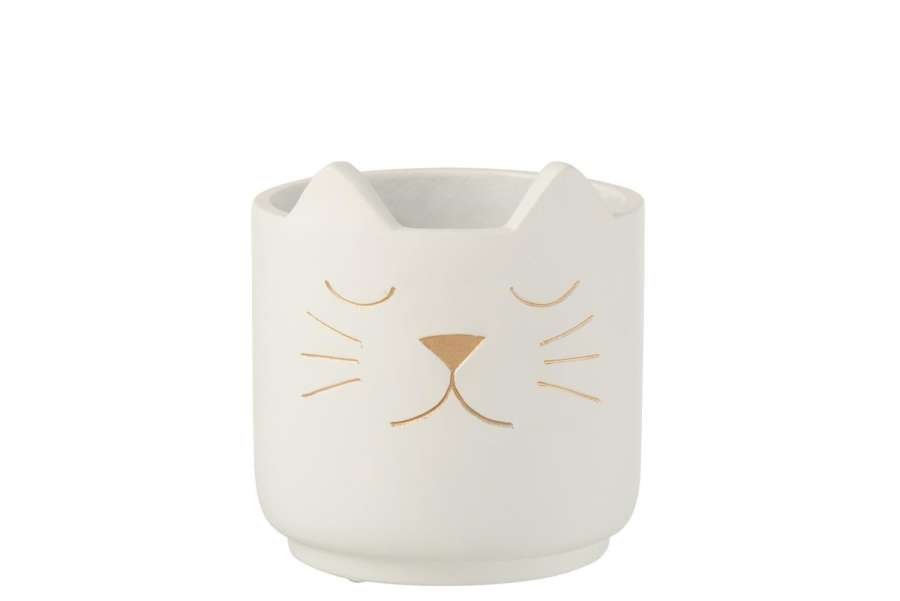 FLOWER POT CAT CEMENT WHITE GOLD MEDIUM