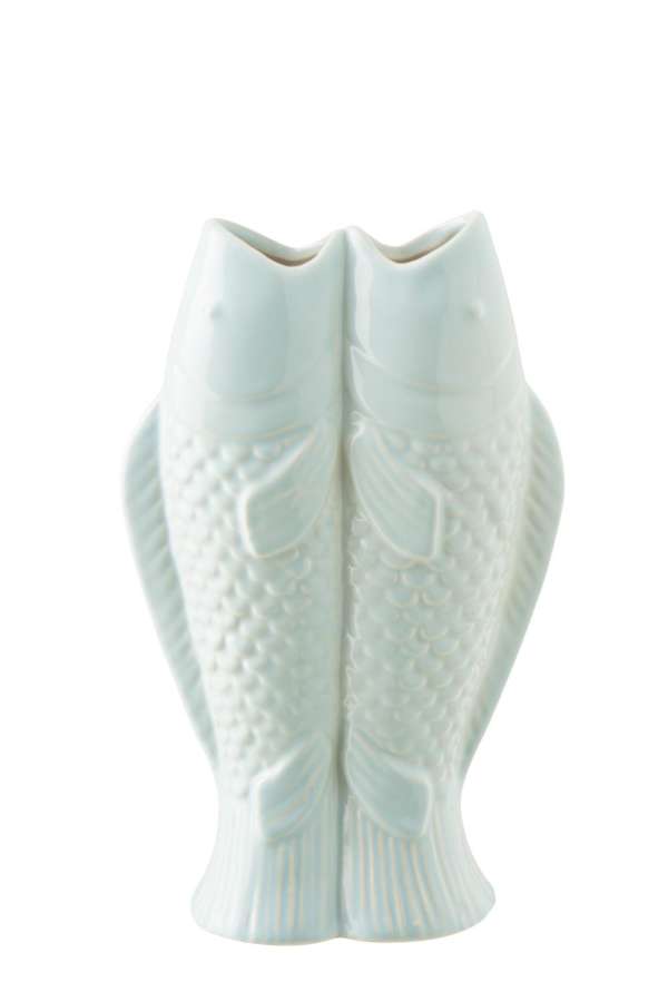 VASE 2 FISH STONEWARE LIGHT BLUE