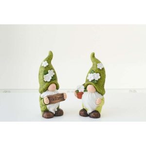 GNOME WELCOME + FLOWERPOT CLAY GREEN/WHITE SMALL ASSORTMENT OF 2