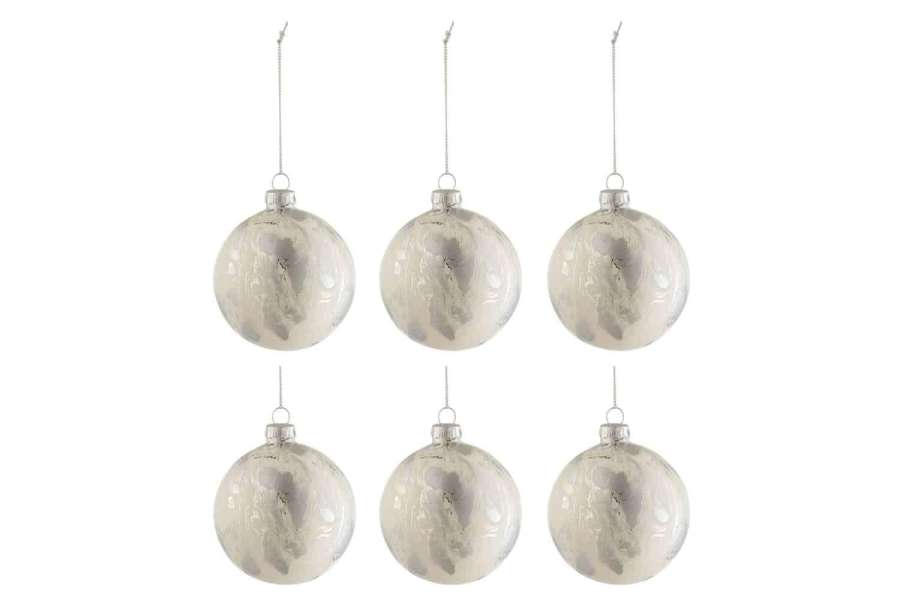 BOX OF 6 CHRISTMAS BAUBLES MARBLE LOOK GLASS WHITE/SILVER SMALL