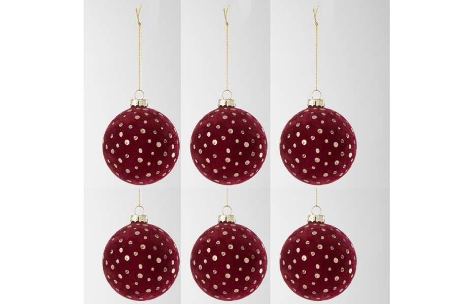 BOX OF 6 CHRISTMAS BAUBLE DOTS VELVET BORDEAUX/GOLD