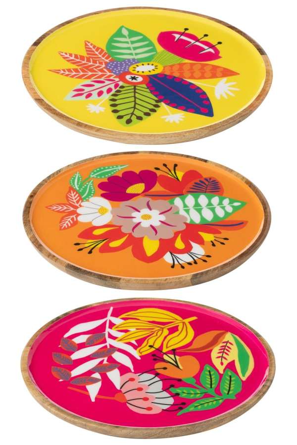 TRAY FLAT ROUND FLORAL PATTERN MANGO WOOD PINK/ORANGE/YELLOW LARGE ASSORTMENT OF 3
