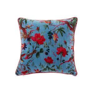 CUSHION BIRDS/FLOWERS COTTON VELVET BLUE