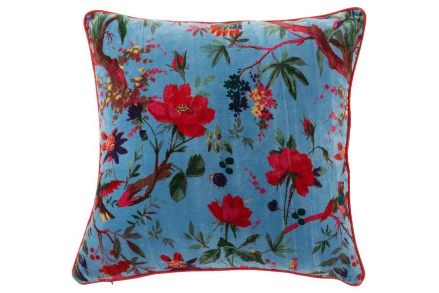 CUSHION BIRDS/FLOWERS COTTON VELVET BLUE