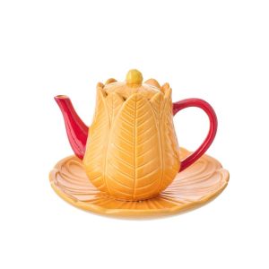 TEAPOT PLATE FLOWER PORCELAIN ORANGE/LIGHT PINK
