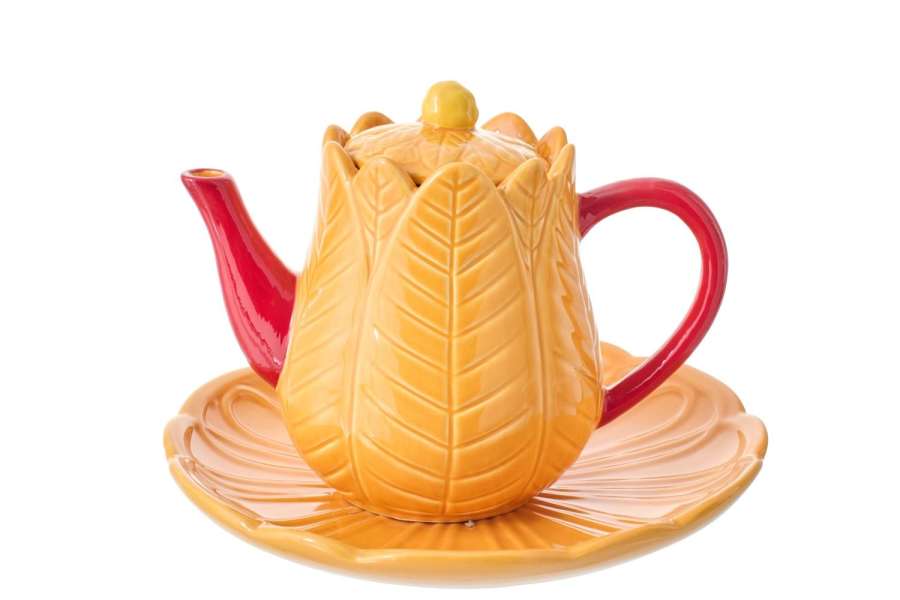 TEAPOT PLATE FLOWER PORCELAIN ORANGE/LIGHT PINK