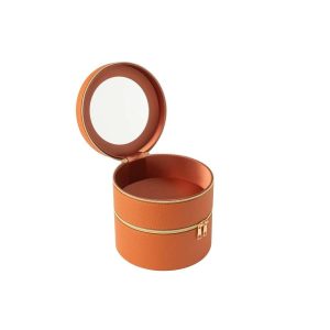COSMETIC BOX ROUND+MIRROR ARTIFICIAL LEATHER COGNAC