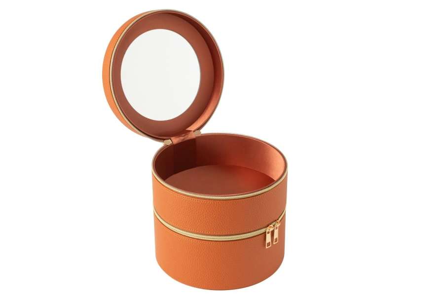 COSMETIC BOX ROUND+MIRROR ARTIFICIAL LEATHER COGNAC