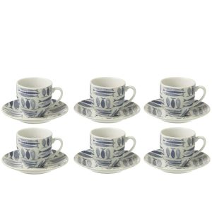 BOX OF 6 COFFEE CUP+SAUCER FISH CERAMICS DARK BLUE