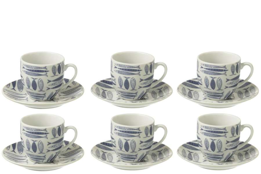 BOX OF 6 COFFEE CUP+SAUCER FISH CERAMICS DARK BLUE