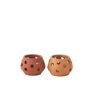 T-LIGHT HOLDER GAIA ROUND CLAY/GLASS  RED/BROWN ASSORTMENT OF 2