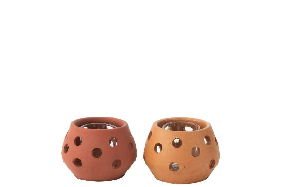 T-LIGHT HOLDER GAIA ROUND CLAY/GLASS  RED/BROWN ASSORTMENT OF 2