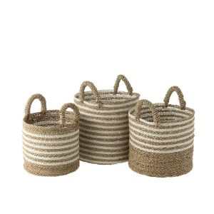 SET OF 3 BASKETS STRIPED RAFFIA WHITE/NATURAL