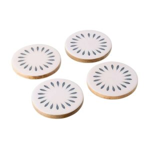 SET OF 4 COASTER ROUND MANGO WOOD DARK BLUE/WHITE
