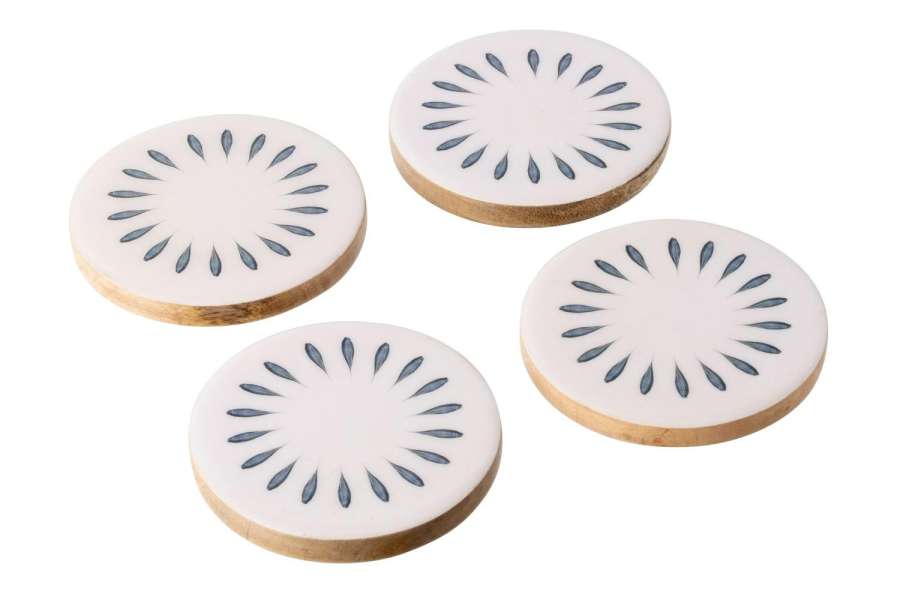 SET OF 4 COASTER ROUND MANGO WOOD DARK BLUE/WHITE
