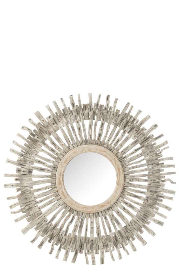 MIRROR ROUND SUN WOOD WASHED WHITE