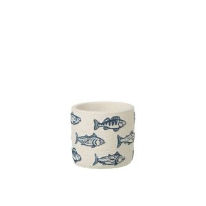 FLOWERPOT FISH ROUND CEMENT WHITE/BLUE SMALL