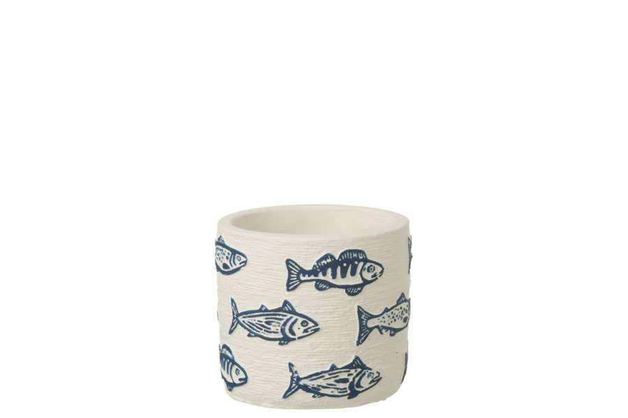 FLOWERPOT FISH ROUND CEMENT WHITE/BLUE SMALL