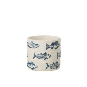 FLOWERPOT FISH ROUND CEMENT WHITE/BLUE MEDIUM