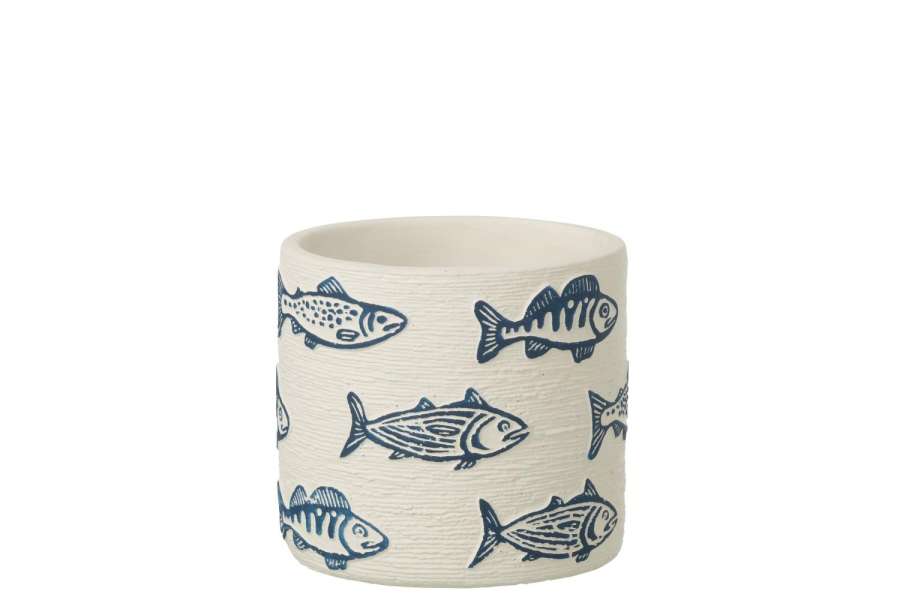 FLOWERPOT FISH ROUND CEMENT WHITE/BLUE MEDIUM