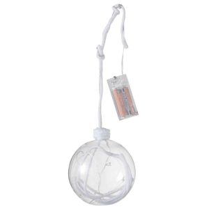 CHRISTMAS BAUBLE BALL+ROPE+LED GLASS CLEAR WHITE LARGE