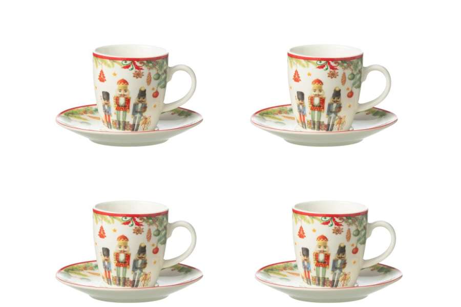 BOX OF 4 COFFIE CUP+ SAUCER NUTCRACKER CERAMICES WHITE
