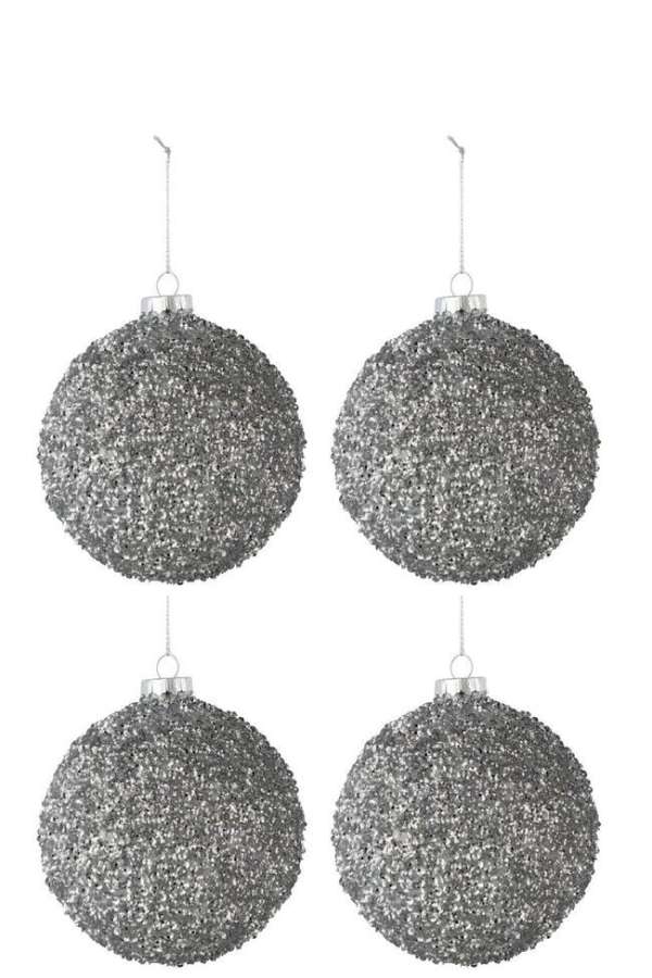 BOX OF 4 CHRISTMAS BAUBLES GLITTER GLASS SMOKEY GREY MEDIUM