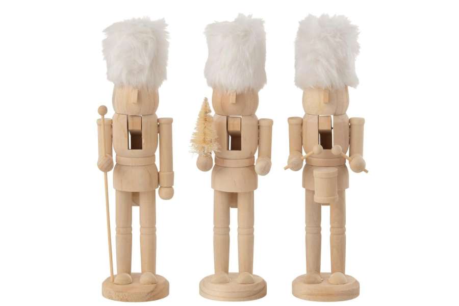 BOX OF 3 NUTCRACKERS WOOD/FUR NATURAL/WHITE