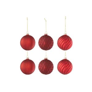 BOX OF 6 CHRISTMAS BAUBLE 2+2+2 RIBBED/ RHOMBUS GLASS RED SMALL