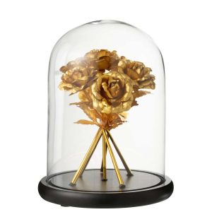 DECORATIVE BELL JAR BOUQUET OF ROSES GLASS GOLD COLORED/BLACK LARGE