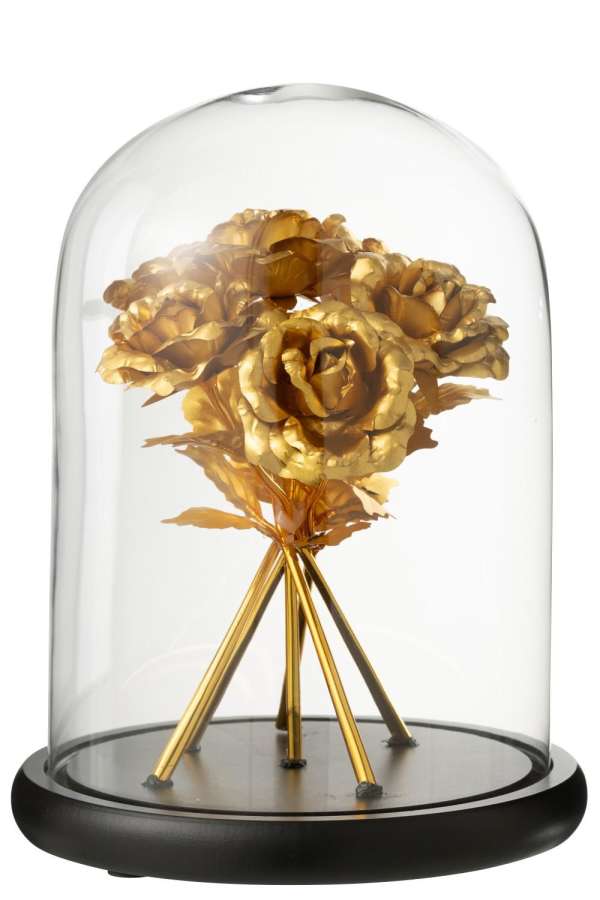 DECORATIVE BELL JAR BOUQUET OF ROSES GLASS GOLD COLORED/BLACK LARGE