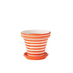 FLOWERPOT+PLATE GRANADA STRIPES HANDMADE/HANDPAINTED CERAMIC ORANGE/WHITE LARGE