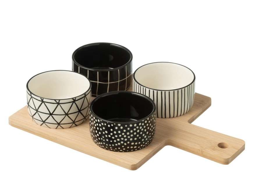 TAPAS SERVICE 4 SETS+BAMBOO TRAY WINDOWBOX BLACK/WHITE