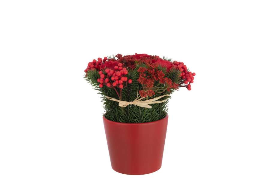 ROSES+BERRIES IN POT CEMENT PLASTIC RED/GREEN