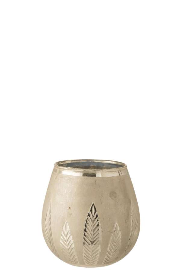 TEALIGHT HOLDER LEAF ROUND GLASS SILVER MEDIUM