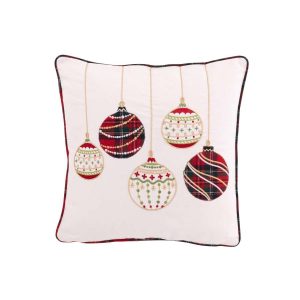 CUSHION CHRISTMAS BAUBLES COTTON WHITE/CHRISTMAS RED