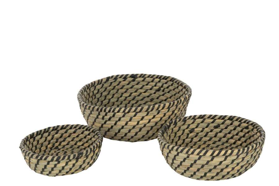 SET OF 3 BASKET ROUND STRAW NATURAL/BLACK