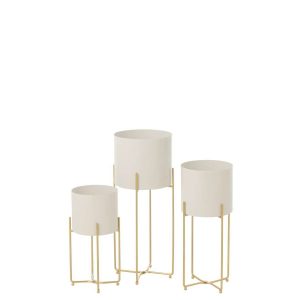 SET OF 3 FLOWERPOT ROUND IRON GOLD COLORED/WHITE