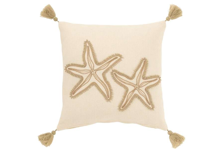 CUSHION SEA STARS+TASSELS COTTON CREAM/BEIGE