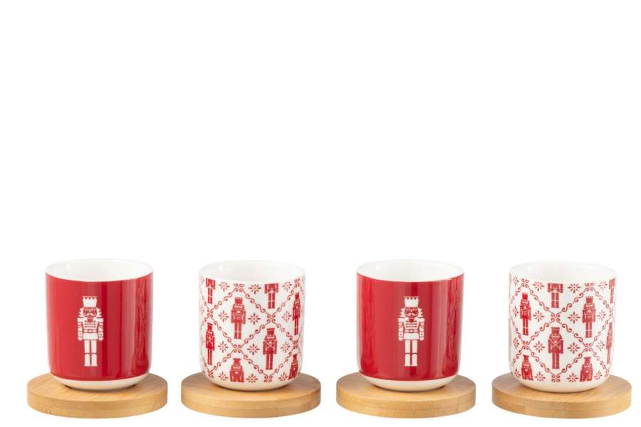 BOX OF 4 COFFEE CUP+BAMBOO SAUCER NUTCRACKERS WINDOWNBOX CERANMICS RED