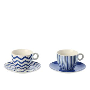 BOX OF 2 COFFEE CUP  +  SAUCER STRIPED PORCELAIN BLUE/WHITE LARGE