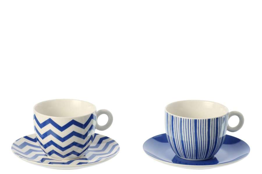 BOX OF 2 COFFEE CUP  +  SAUCER STRIPED PORCELAIN BLUE/WHITE LARGE