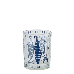 TEALIGHT HOLDER FISH GLASS WHITE/BLUE MEDIUM