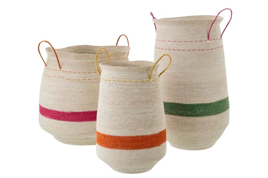 SET OF 3 BASKET WITH HANDLE STRIPED SEAGRASS MULTI