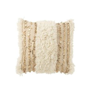 CUSHION SQUARE LINES SEQUIN WOOL/COTTON CREAM/GOLD