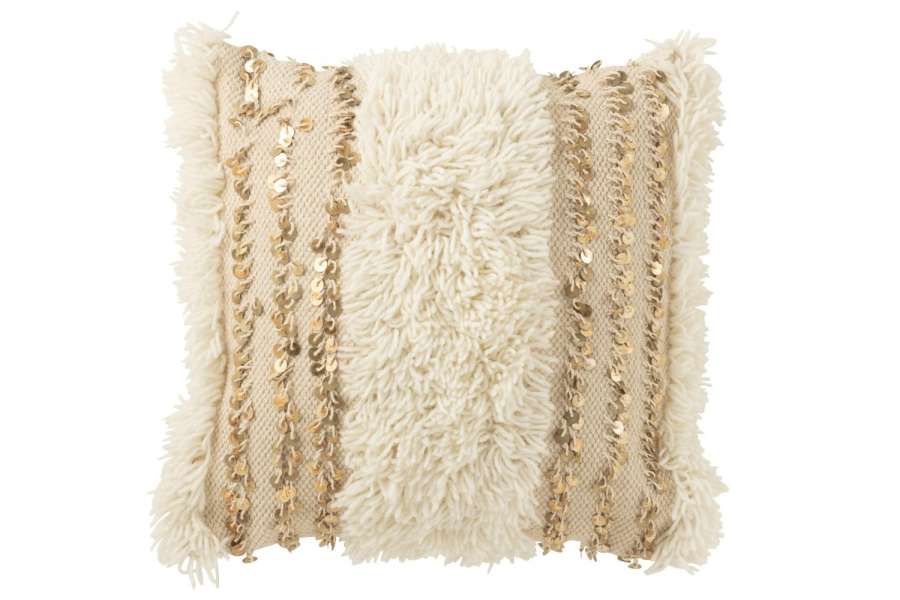 CUSHION SQUARE LINES SEQUIN WOOL/COTTON CREAM/GOLD