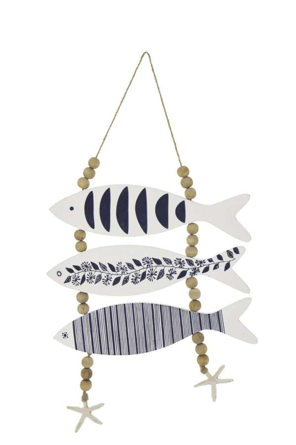 HANGER FISH MIXED PATTERN MDF/ROPE BLUE/WHITE