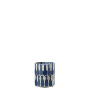 CANDLE HOLDER GLASS BLUE/WHITE SMALL