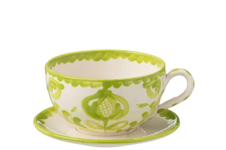 CUP+PLATE GRANADA CERAMIC WHITE/GREEN
